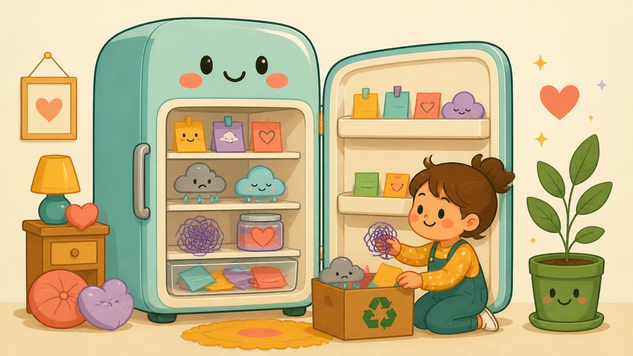 Illustration of a friendly pastel fridge standing open while someone tidies sticky notes, little rain clouds and tangled squiggles out of it into a recycling box