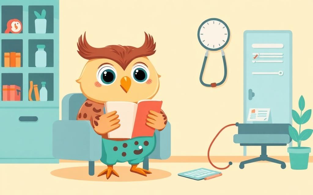 Bloom the owl in a waiting room reading a notebook of questions
